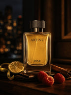Gold Artinz DIAR perfume bottle with raspberry, cinnamon and bergamot ingredients on a wooden surface.