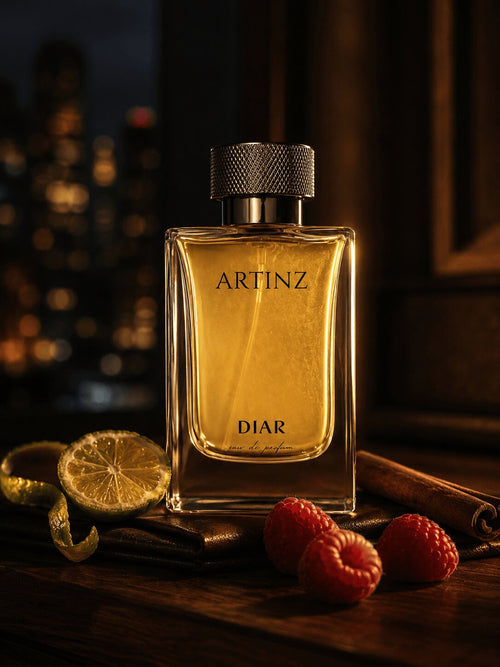Gold Artinz DIAR perfume bottle with raspberry, cinnamon and bergamot ingredients on a wooden surface.