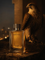 Artinz DIAR perfume bottle with brown falcon on dark background