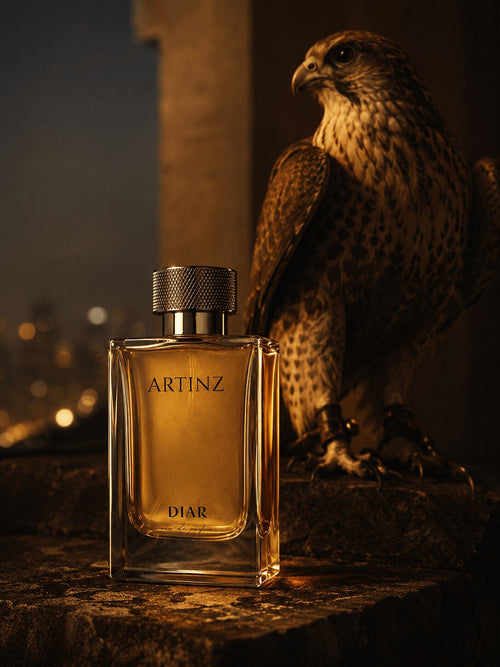 Artinz DIAR perfume bottle with brown falcon on dark background