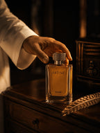 Man in white kandura reaching for Artinz DIAR perfume bottle