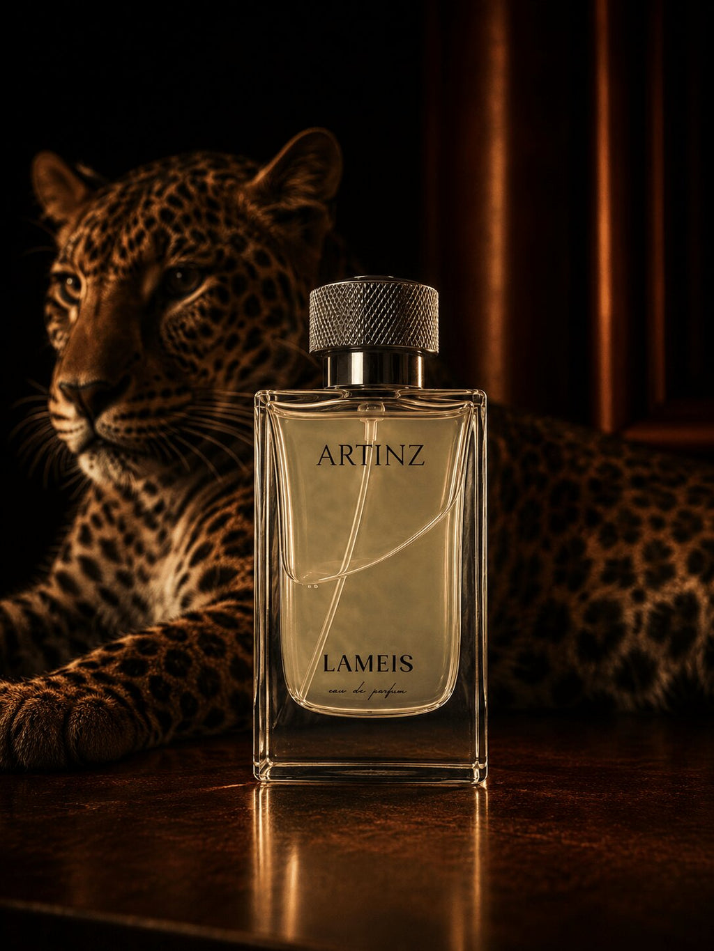 Artinz LAMEIS perfume bottle with Arabian leopard on dark background