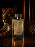 Artinz LAMEIS perfume bottle with Arabian leopard on dark background