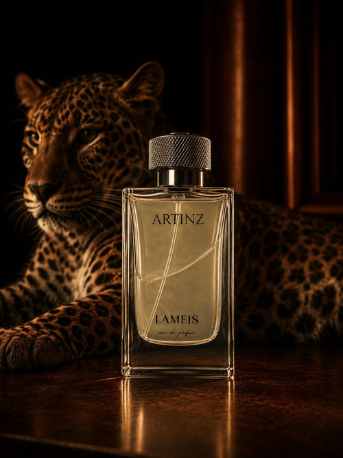 Artinz LAMEIS perfume bottle with Arabian leopard on dark background