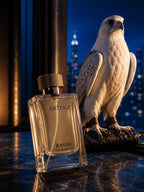 Artinz RAYAN perfume bottle with white falcon on dark background
