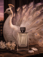 Peacock with a bottle of Artinz Sanam perfume on a wooden surface.